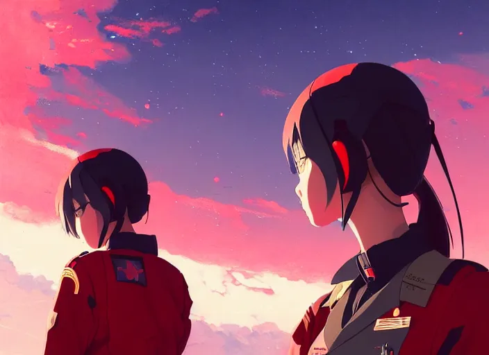 Image similar to portrait of pilot girl talking, red sky background, chaotic landscape, illustration concept art anime key visual trending pixiv fanbox by wlop and greg rutkowski and makoto shinkai and studio ghibli and kyoto animation, red body suit, military gear, handgun, red crow 1, grimdark