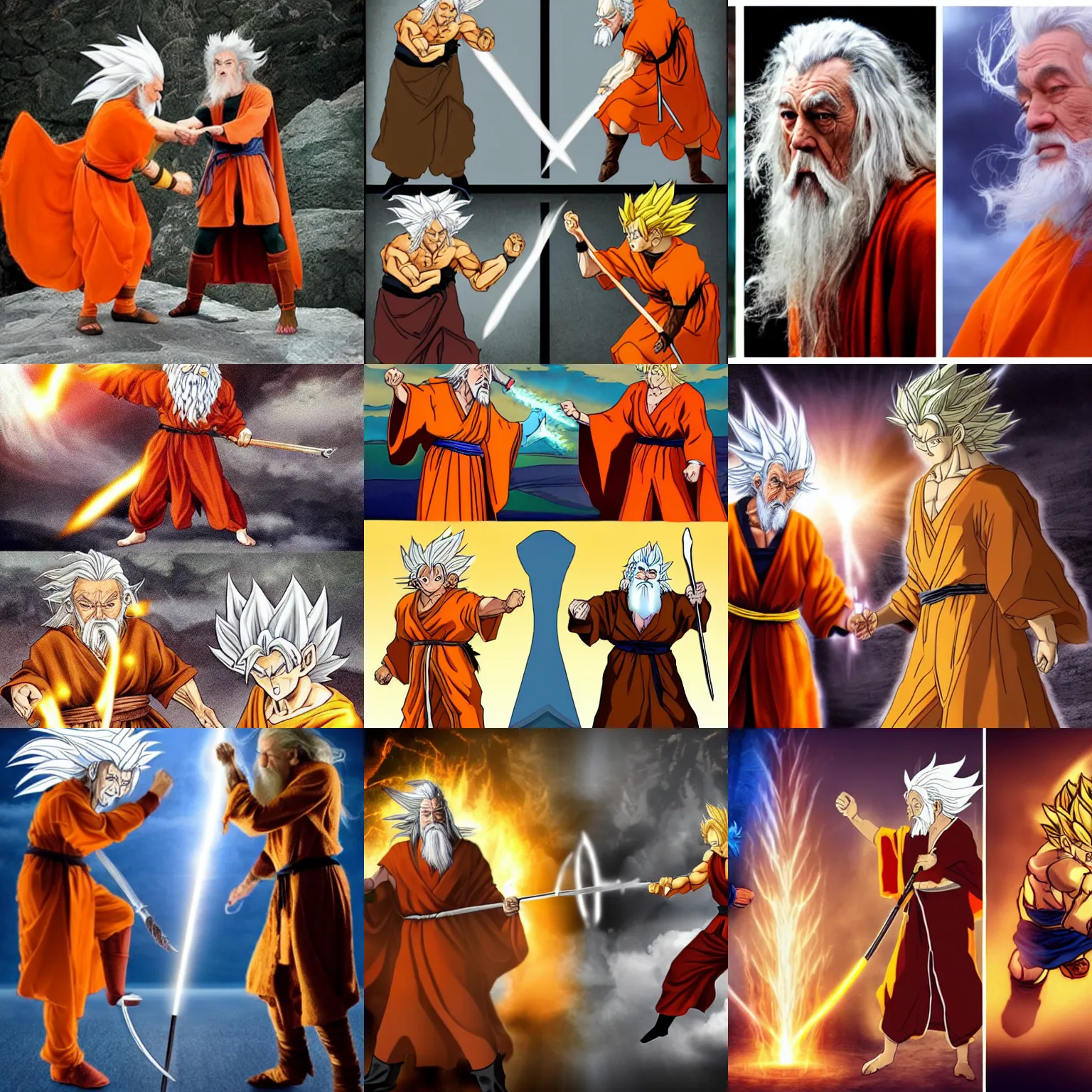 Prompt: Gandalf (LoTR, old man with staff in robes) vs Goku (super sayan, blond hair, young, muscular, in orange clothes) fight