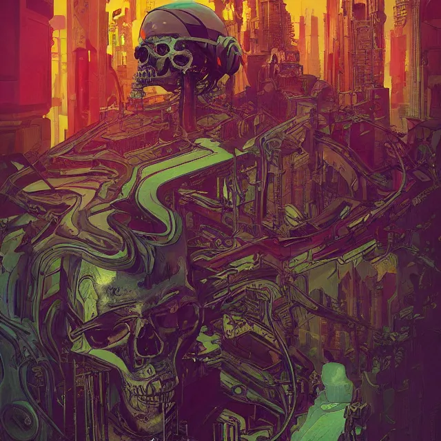 Image similar to a beautiful painting of a ( cyberpunk ) skull by simon stalenhag and pascal blanche and alphonse mucha! and nekro. in style of digital art. colorful comic, film noir, symmetry, hyper detailed. octane render. trending on artstation