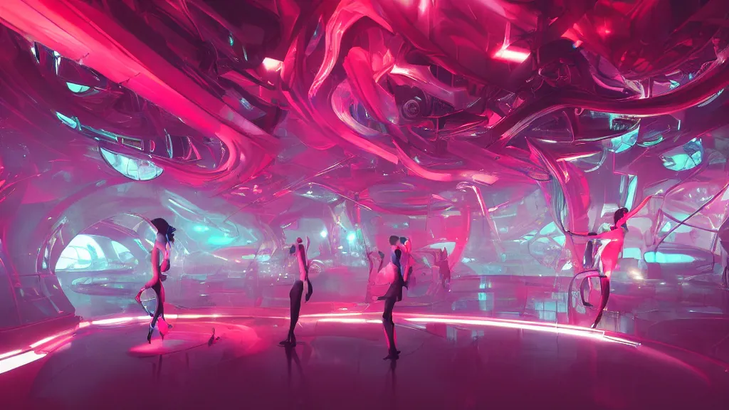 Image similar to sci-fi night club, with exotic female alien gogo dancers dancing on platforms, neon lights, fog, smoke and atmosphere, red tones, bloom, platforms, circular mechanical structures, faceted shapes, contemporary aesthetic, like concept art on artstation, hyperdetailed, octane render, like zaha hadid