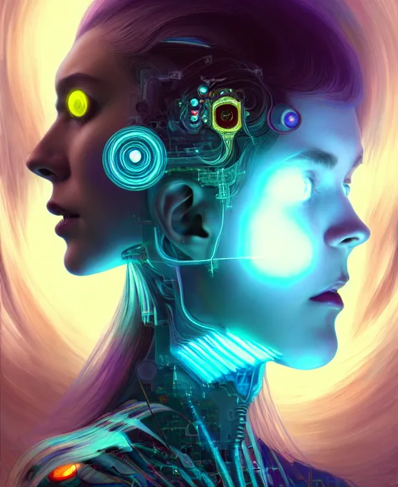 Image similar to a whirlwind of souls rushing inside the metaverse, hologram, half body, neurochip, shaved temple, piercing, jewelry, android, cyborg, cyberpunk face, by loish, d & d, fantasy, intricate, elegant, highly detailed, colorful, digital painting, artstation, concept art, art by artgerm and greg rutkowski and alphonse mucha