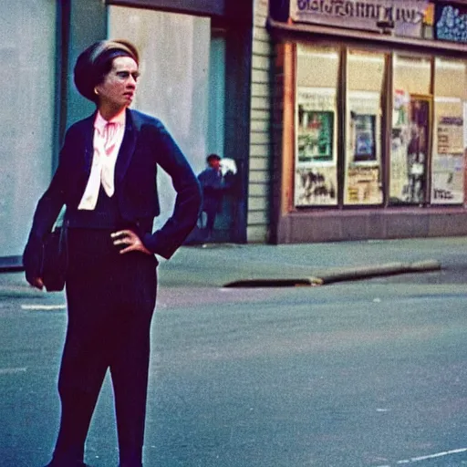 Image similar to portrait of a woman in a suit in the streets of new york, 1 9 6 0 s, colour film street photography, photo taken with ektachrome, featured on flickr, photographed on damaged film