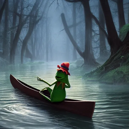 Image similar to Kermit the Frog riding a canoe down a stream, dark spooky forest in the backround surrounding him, hyperdetailed, artstation, cgsociety, 8k