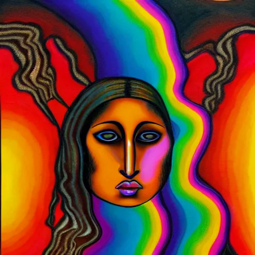 Prompt: tan latina woman, landscape, entering third dimension, eating third eye, prominent rosy cheek bones, black hair and brown eyes, psychedelic di vinci art style,