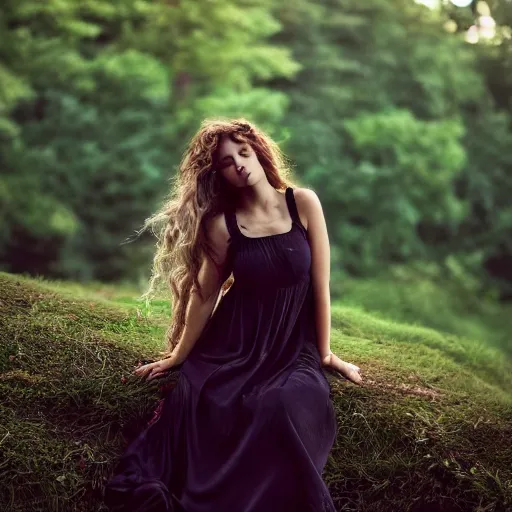 Prompt: Photo of a pretty woman with long wavy hair, wearing a classical dress, eyes closed, sleeping, setting in nature, outside, highly detailed, sharp focus, cinematic lighting, HD, 8K, award winning photography