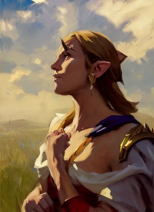 Prompt: Greg Manchess painting of Zelda from Legend of Zelda, countryside, calm, fantasy character portrait, dynamic pose, above view, sunny day, thunder clouds in the sky, artwork by Jeremy Lipkin and Giuseppe Dangelico Pino and Michael Garmash and Rob Rey, very coherent asymmetrical artwork, sharp edges, perfect face, simple form, 100mm