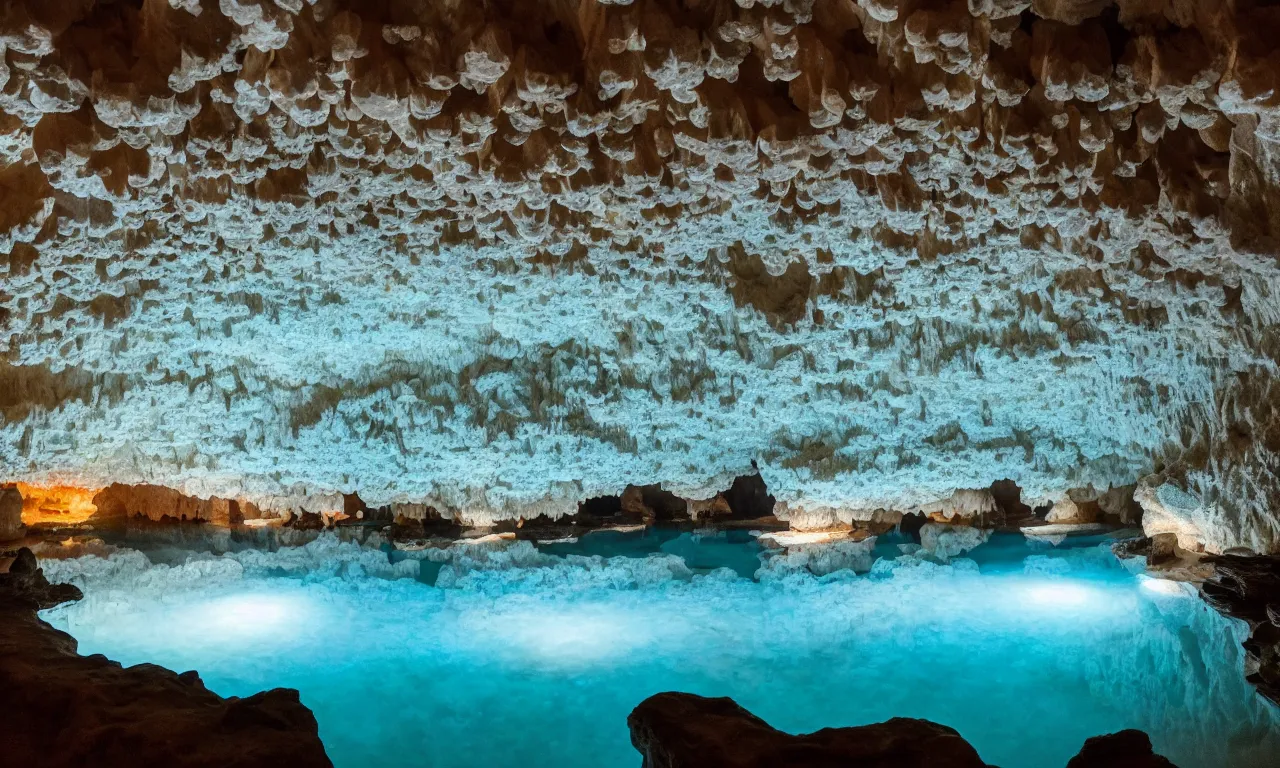 Image similar to an extremely large cave, brightly lit, filled with quartz crystal formations, pools of water