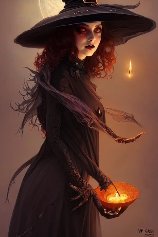 Image similar to halloween witch woman in a hat, fantasy magic, undercut hairstyle, intricate, elegant, sharp focus, illustration, highly detailed, digital painting, concept art, matte, art by wlop and artgerm and greg rutkowski and alphonse mucha, masterpiece