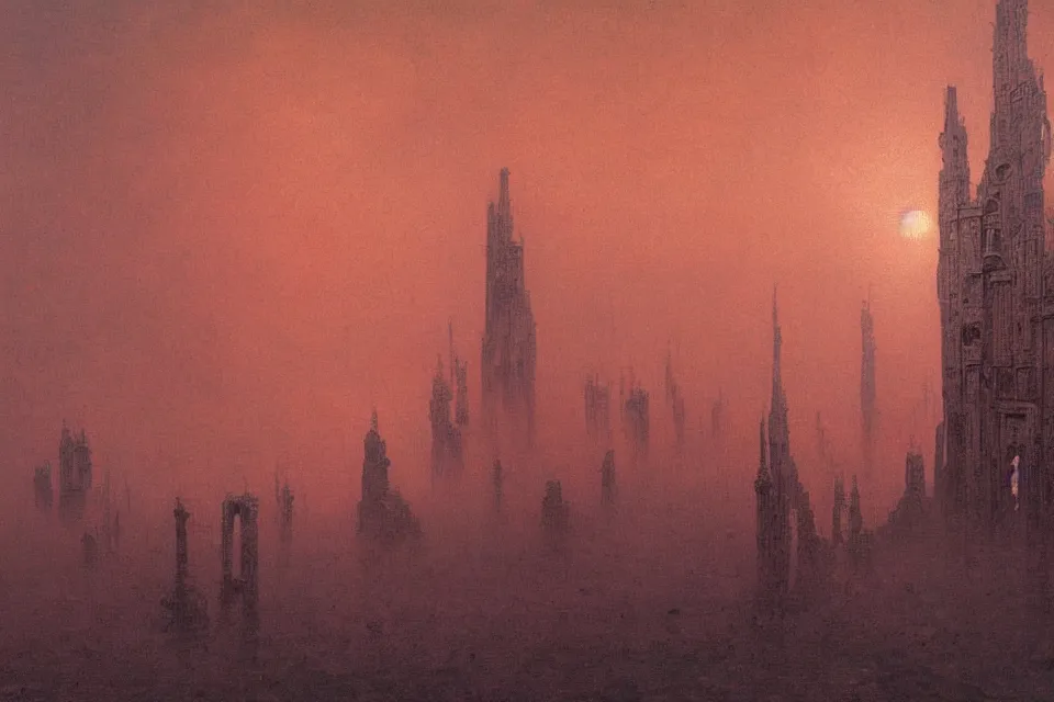 Image similar to painting of an colossal ominous morbid cathedral under a reddish sky, high level of details, 4k, by Beksinski,