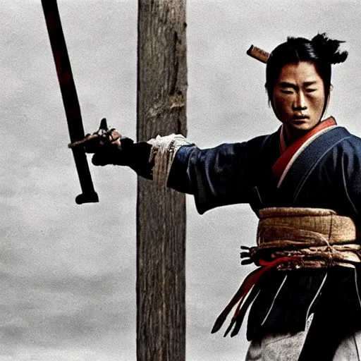 Prompt: movie still frame, samurai with 3 swords