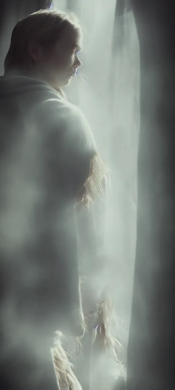 Image similar to very very beautiful photograph of emily skinner looking like annie leonhart in a hoodie standing next to a window god rays shining on her from the sunlight, volumetric fog, smoke, depth of field, beautiful composition, very very very beautifull face, on artstation and instagram