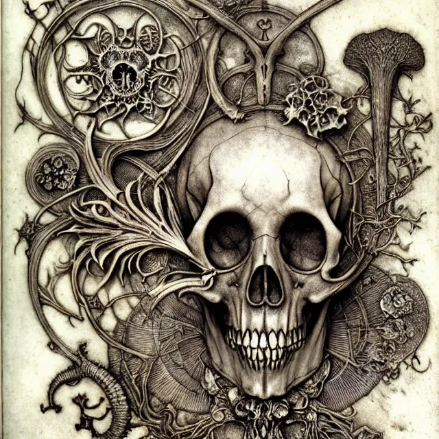 Image similar to memento mori by arthur rackham, art forms of nature by ernst haeckel, exquisitely detailed, art nouveau, gothic, ornately carved beautiful skull dominant, intricately carved antique bone, art nouveau botanicals, ornamental bone carvings, art forms of nature by ernst haeckel, horizontal symmetry, arthur rackham, ernst haeckel, symbolist, visionary