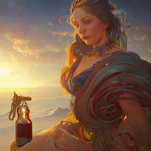 Prompt: planet earth in a bottled jar, highly detailed, digital painting, artstation, concept art, smooth, sharp focus, illustration, cinematic lighting, art by artgerm and greg rutkowski and alphonse mucha