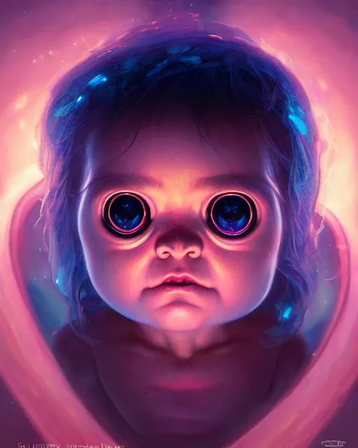 Prompt: one singular portrait of a cute bioluminescent baby creature with big glowing eyes, highly detailed, digital painting, cinematic, hyper realism, dark retrowave, art by Stanley Lau and Artgerm and magali villeneuve and Alphonse Mucha, artstation, octane render, cgsociety