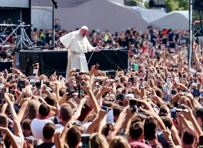 Image similar to photo still of pope francis at the vans warped tour!!!!!!!! at age 3 6 years old 3 6 years of age!!!!!!!! stage diving into the crowd, 8 k, 8 5 mm f 1. 8, studio lighting, rim light, right side key light