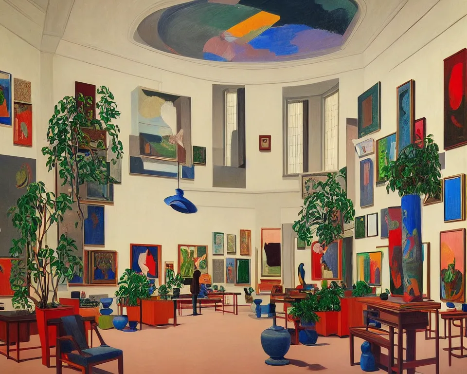 Prompt: an achingly beautiful print of the interior of a modern art museum with vibrant paintings lining the walls, potted plants, and classical antiquities on display by Raphael, Hopper, and Rene Magritte. detailed, romantic, enchanting, trending on artstation.