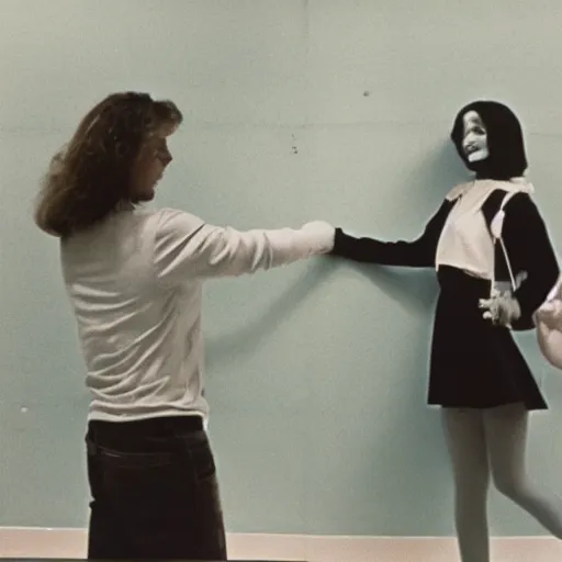 Image similar to teenage girl holds hands with smiley inflatable boyfriend at high school, 1978 color Fellini film, in school hallway, dirty walls, archival footage, technicolor film, 16mm, live action, John Waters, campy