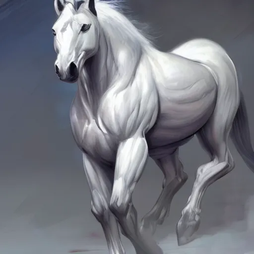 Image similar to an enormously muscular anthro horse test subject in a research facility wearing a skintight body armor having steroids injected into him, long white mane, equine, anthro art, furaffinity, highly detailed, digital painting, artstation, concept art, illustration, art by artgerm, greg rutkowski, ruan jia