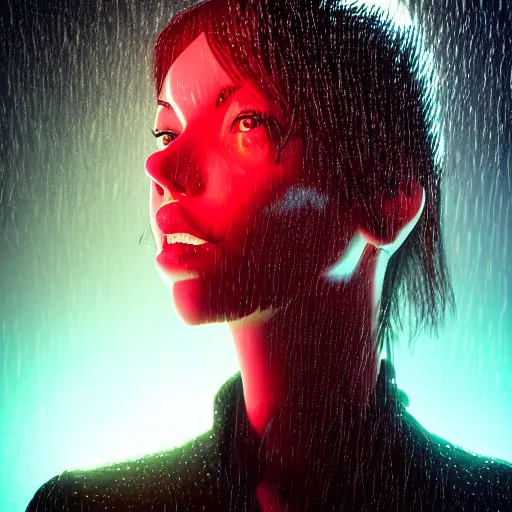 Image similar to stylish cartoon portrait made out of rain, cyberpunk background, rendered in octane, unreal engine, highly detailed, trending on artstation, realistic, splashes of neon, beautiful, volumetric lighting, depth of field, glowing eyes