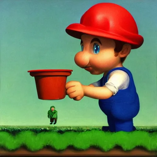 Image similar to an italian plumber emerges from a green pipe wearing blue overalls by Raphael, Hopper, and Rene Magritte. detailed, romantic, enchanting, trending on artstation.