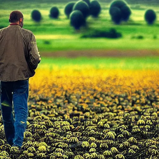 Prompt: “8k photograph man walking through field of mushrooms. National Geographic.”