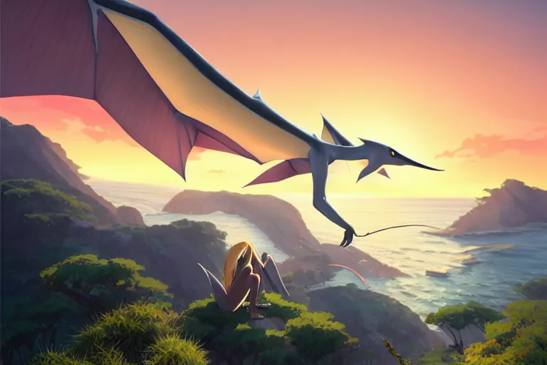 Prompt: a large smooth skinned white creature hybrid pterosaur, small quills along it's back, long fangs, sitting on a cliff high in the sky, sunset, backlit, beautiful composition, by makoto shinkai an krenz cushart