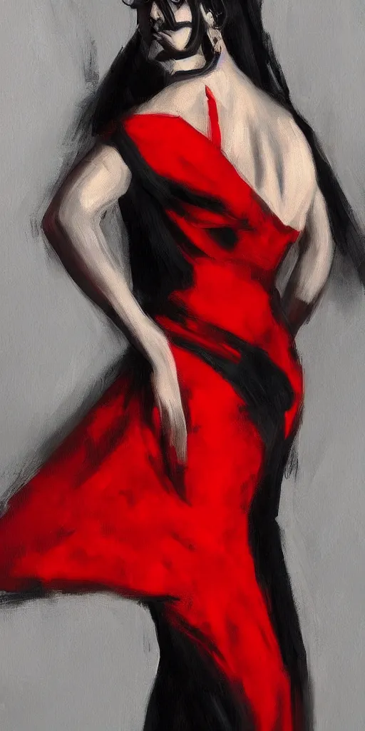 Prompt: black and red painting of woman in dress dancing, artstation trending, high detail, soft light, black background