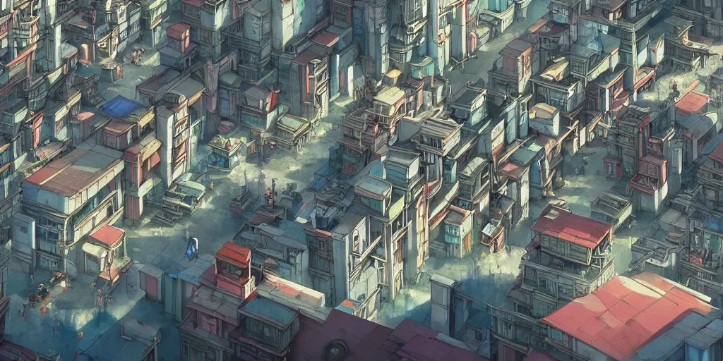 Prompt: Anime vajrayana Tibetan cityscape, Ghost in the Shell, Tekkonkinkreet, favelas, temples, cinematic matte painting concept art, by Studio Ghibli Pixar