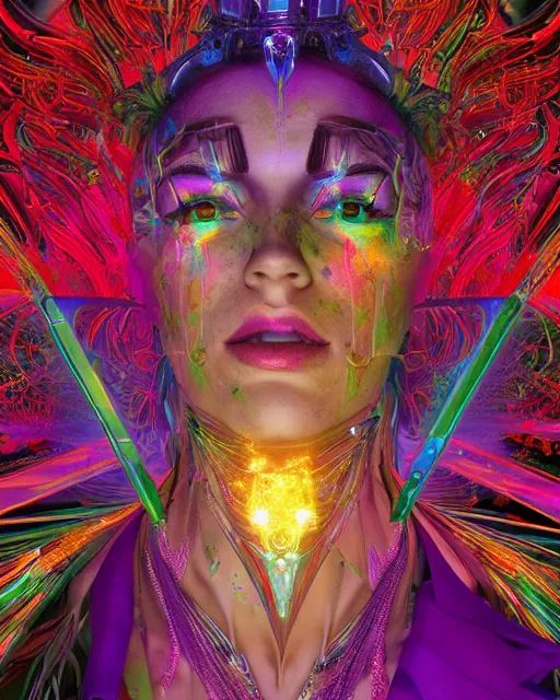 Image similar to a powerful energy psychedelic matrix queen with a crown, by alexander fedosav, hyper detailed digital matte painting, concept art, hyperrealism, 1 6 k resolution, cinema 4 d, 8 k resolution, trending on artstation, behance hd, a masterpiece, by stephan martiniere, particles, cel - shaded, power bright neon energy, by david a. hardy