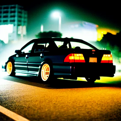 Image similar to a car JZX90 at illegal car meet, Chiba prefecture, city midnight mist lights, cinematic color, photorealistic, highly detailed, 50MM