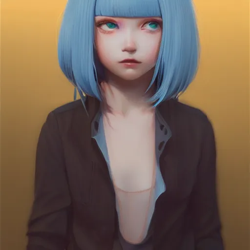 Prompt: ilya kuvshinov with long sky blue hair, gold eyes, boyish face, professional digital painting, concept art, award - winning photography, 8 k, cinematic, wlop, color block, in the background, art by greg rutkowski, pixiv art, yoshitaka amano