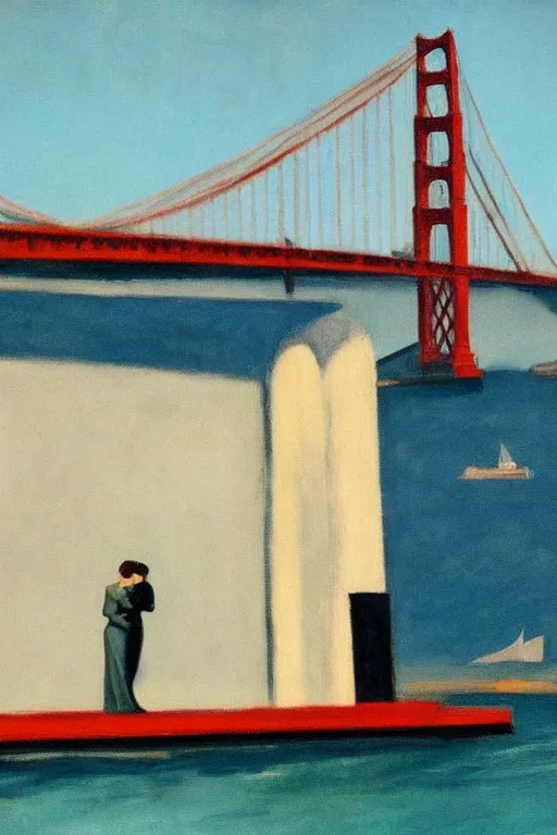 Image similar to edward hopper style!!! a lesbian couple!! romantic, mid century, golden gate bridge in the background!!!