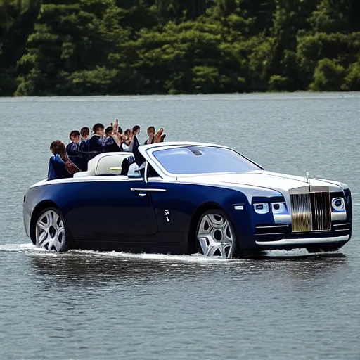 Image similar to Group of teenagers push Rolls-Royce into lake with their hands from a small slide