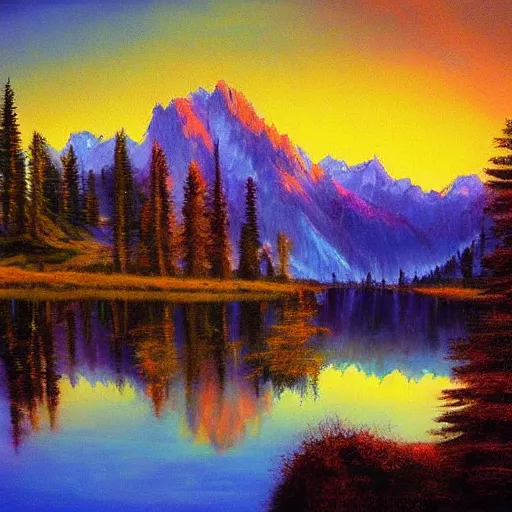 Image similar to ! dream lake in the alps at sunset painted by bob ross