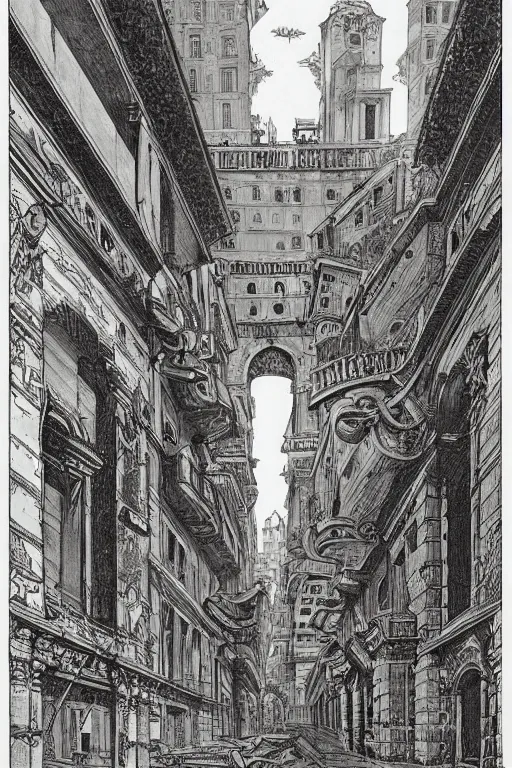 Image similar to portal to a baroque city in a parallel universe; by François Schuiten, by Giovanni Battista Piranesi, by Pendleton Ward