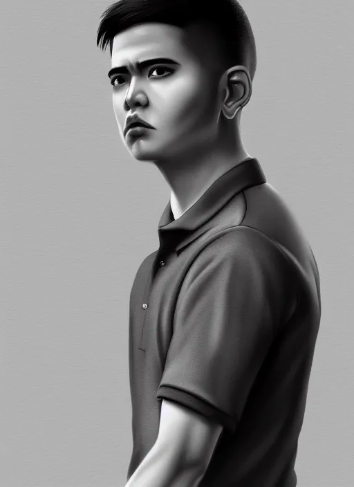 Image similar to a highly detailed illustration of fierce short black haired young half white half asian man wearing polo shirt, dramatic thinking pose, intricate, elegant, highly detailed, centered, digital painting, artstation, concept art, smooth, sharp focus, league of legends concept art, WLOP