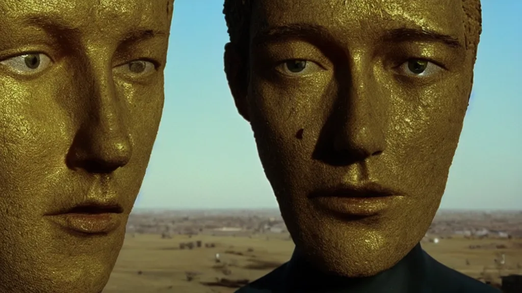 Image similar to the giant head at the office that, made of oil and water, film still from the movie directed by Denis Villeneuve with art direction by Salvador Dalí, golden hour