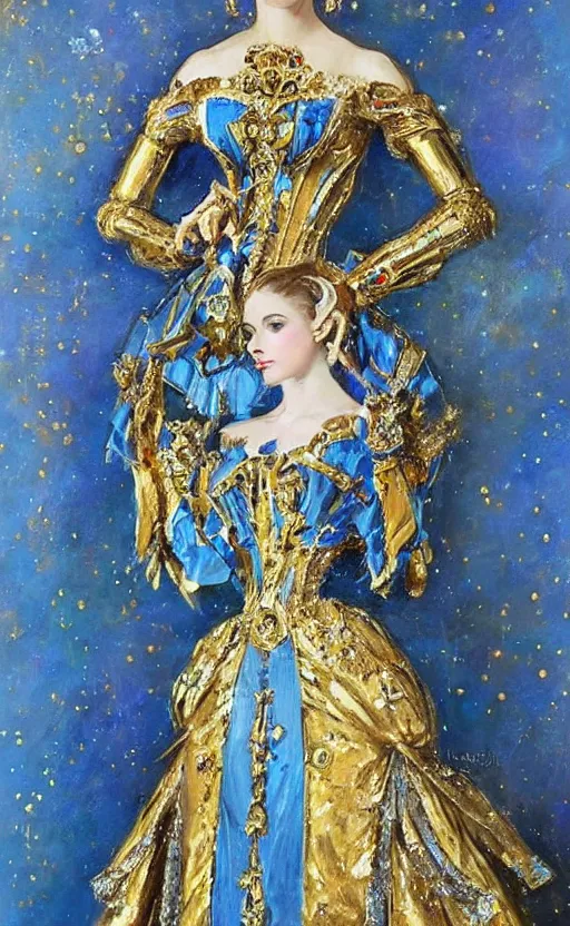 Prompt: Elegant Mecha laydy in blue victorian dress with gold ornaments. By Konstantin Razumov, highly detailded