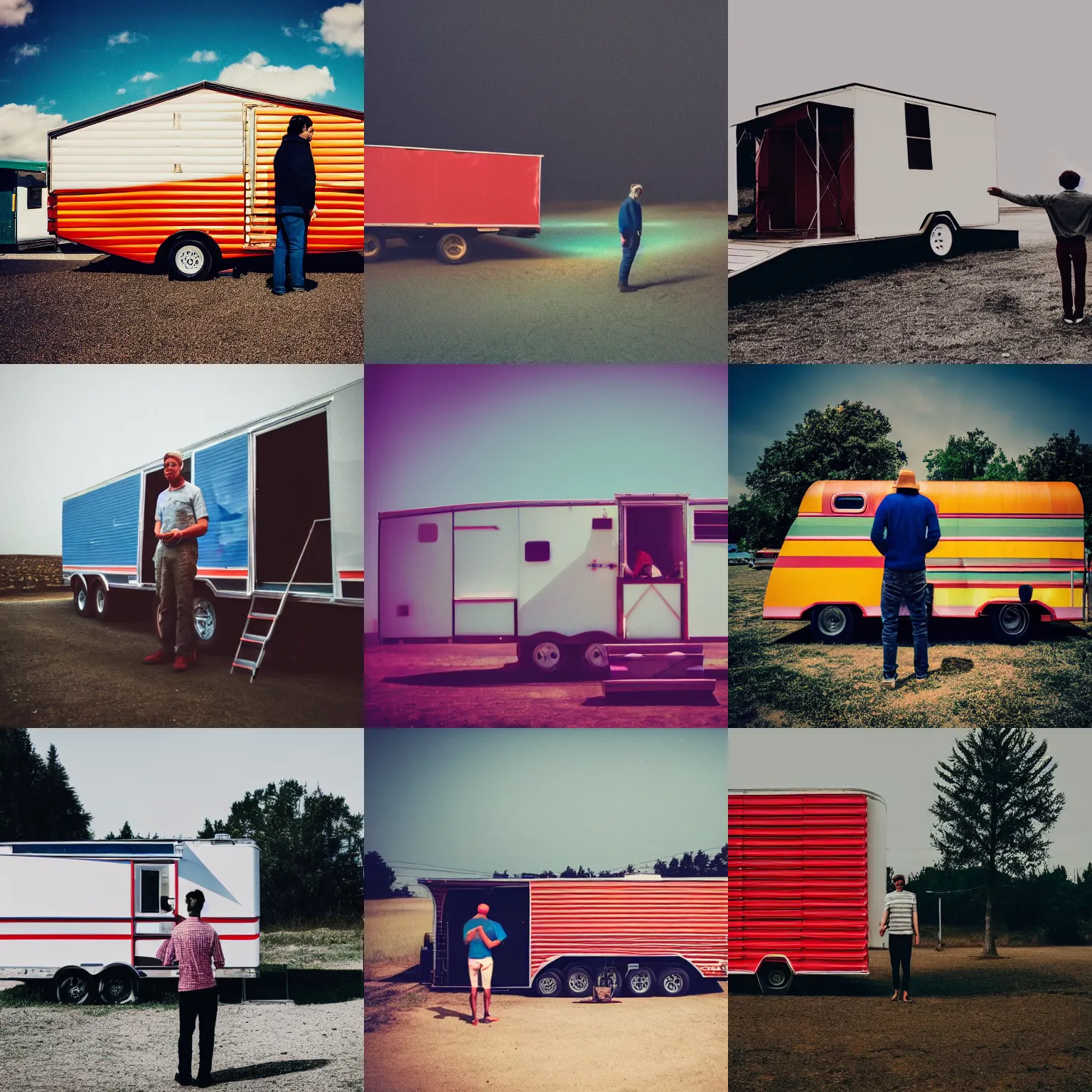 Prompt: a man standing in front of a trailer, a colorized photo by rory mcewen, unsplash contest winner, kitsch movement, anaglyph effect, movie still, anaglyph filter