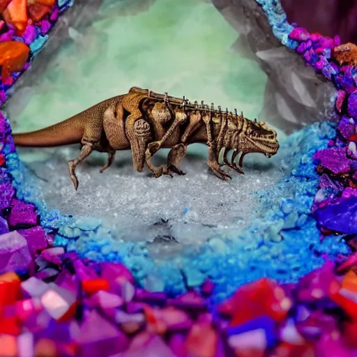 Image similar to photorealistic dinosaur skeleton inside a geode of colored crystals