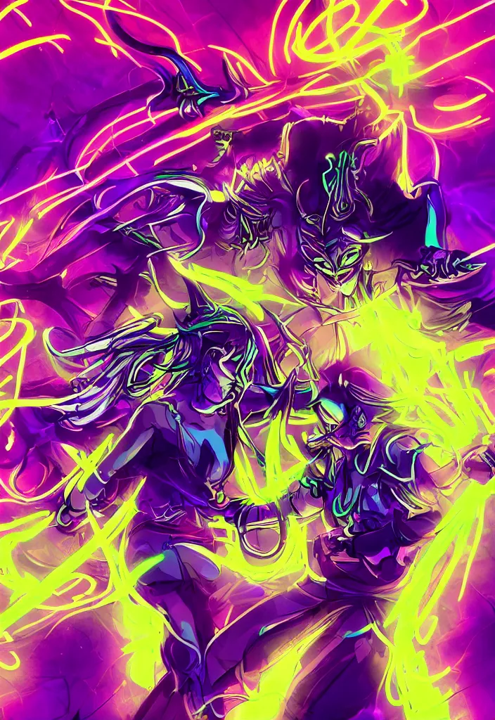 Prompt: , woman with neon sword fighting a horned demon, digital effects glowing ,digital art, illustration, closeup, stylized, cel shaded