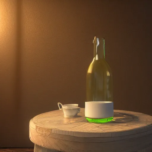 Image similar to a round bottle on a table, natural lighting, ultra realistic, concept art, intricate details, highly detailed, photorealistic, octane render, 8 k, unreal engine