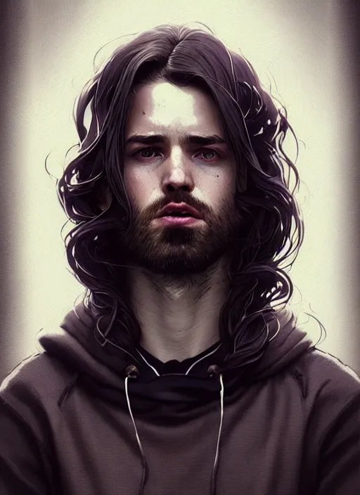 Image similar to highly detailed portrait of a beautiful man with long hair, tartan hoody, photographic realistic background, ringlet hair by atey ghailan, by greg rutkowski, by greg tocchini, by james gilleard, by joe fenton, by kaethe butcher, gradient violet, black, cream and white color scheme, trending in pinterest, award winning details