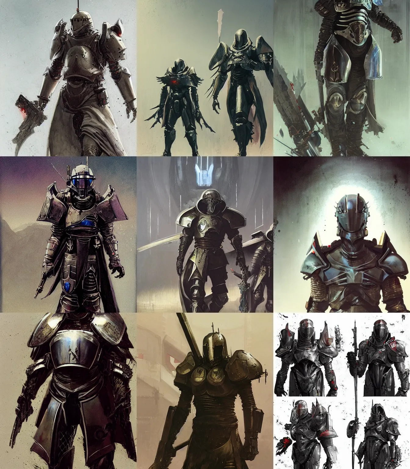 Prompt: Knights Templar wearing sci-fi destiny video game armor concept art, muted colors, intricate painting, by John Harris, Emil Melmoth, Craig Mullins, yoji shinkawa, artstation, moebius comic, Marc Simonetti, lan McQue, Kentaro, Miura, hyper detailed, cinematic