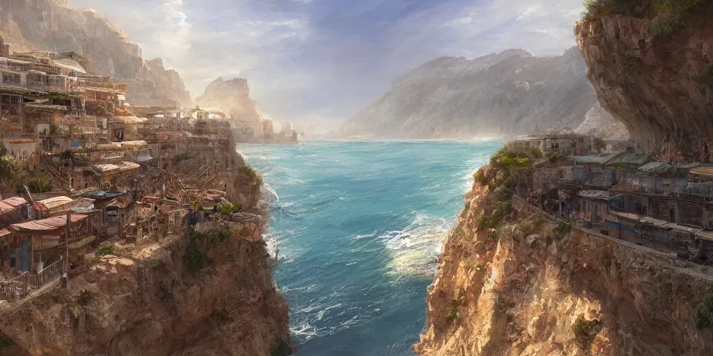 Image similar to looking out a train window, a mediterranean phoenician fishing village, over a chalk cliff, highly detailed, digital painting, artstation, concept art, sharp focus, illustration, art by artgerm and greg rutkowski and raphael lacoste and magali villeneuve