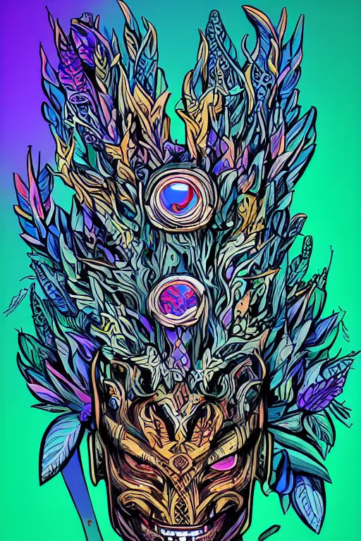 Image similar to animal mask totem roots flower tribal feather gemstone plant wood rock shaman vodoo video game vector cutout illustration vivid multicolor borderlands comics by josan gonzales and dan mumford radiating a glowing aura