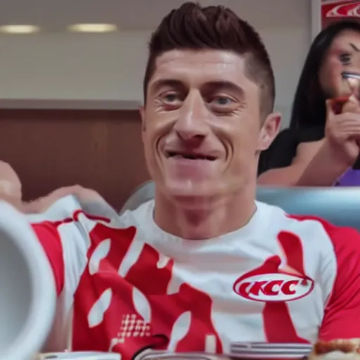 Image similar to a still frame of robert lewandowski during a huge kfc chicken food mukbang