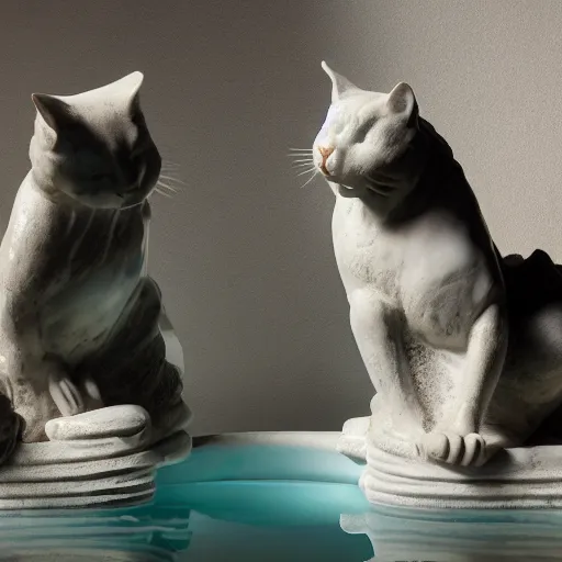 Prompt: two cats play with flowing cloths, marble sculpture, Geovanni Strazza, Bernini, Greek, studio lighting, smooth, bright, 4K, photography, contrast, beautiful lighting, volumetric lighting