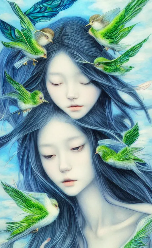 Image similar to breathtaking Portrait fairy by Miho Hirano, realistic, detailed, blue, green tonalities, beautiful collage technique including birds, CAT, ornate background, beautiful Fantasy detailed trending on artstation, oil painting, Dramatic lighting, eterea , high quality print, fine art with subtle redshift rendering