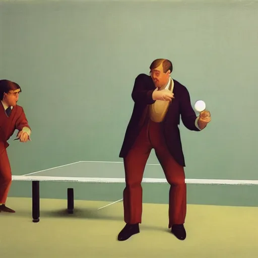 Image similar to a man playing ping pong against 3 other men by Raphael, Hopper, and Rene Magritte. detailed, romantic, enchanting, trending on artstation.